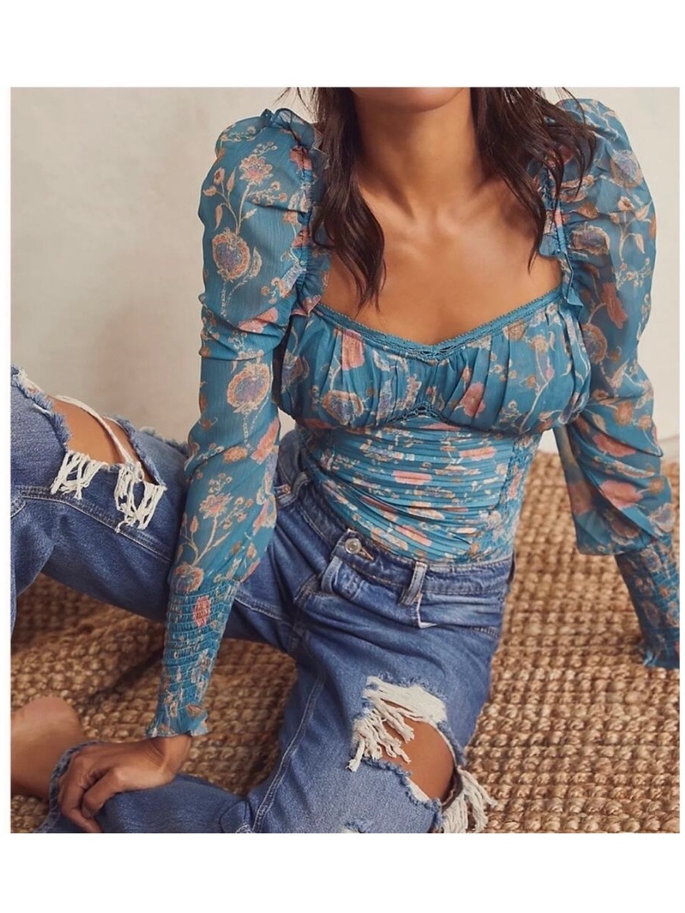 Free People Blue Floral Square-Neck Puff Sleeve Blouse